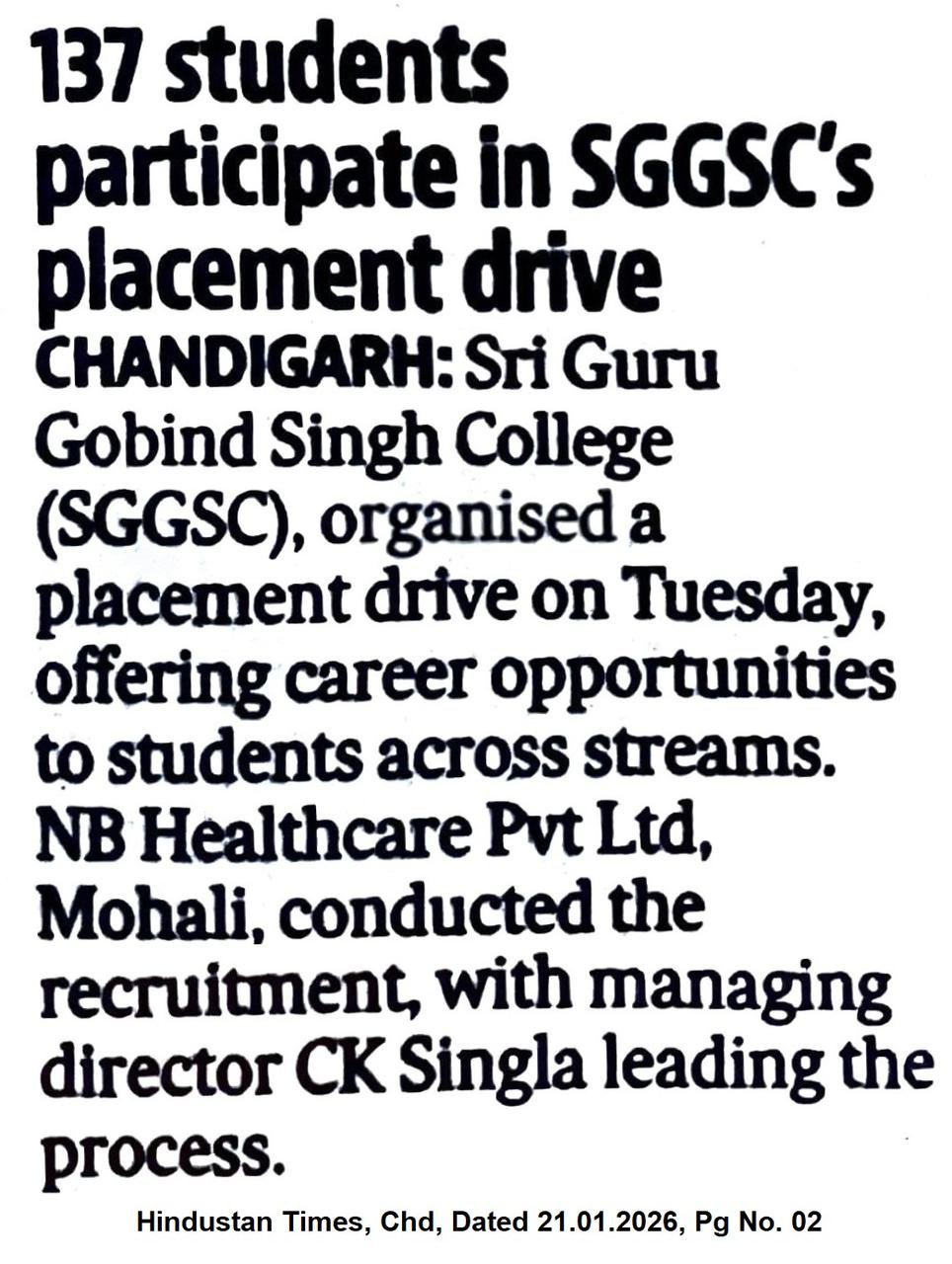 Newspaper clipping covering placement activities, January 2026